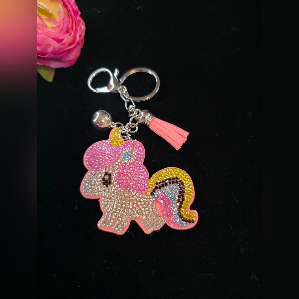 Sparkly Rhinestone Unicorn Pony Bag Charm /  Keychain with Tassel